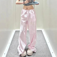 AIERTU - New Ins Korean Style Pink Striped Wide Leg Pants Women High Waist Loose Plus Size Casual Long Pants Summer Lounge Trousers Aiertu