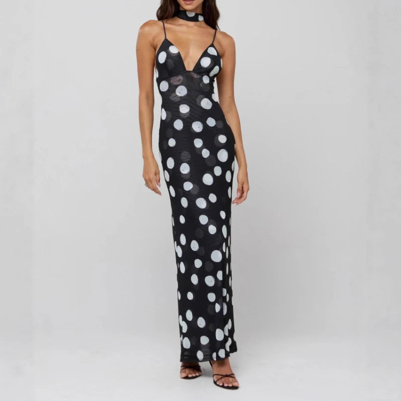 AIERTU - Elegant Polka Dot Spaghetti Straps V-Neck Sleeveless Suspender High Waist Slim Maxi Long Dress Evening Gown Party Dress Beach Aiertu