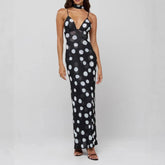 AIERTU - Elegant Polka Dot Spaghetti Straps V-Neck Sleeveless Suspender High Waist Slim Maxi Long Dress Evening Gown Party Dress Beach Aiertu