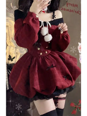 Aiertu DRESS TO IMPRESS Christmas Red Sweet Y2k Patchwork Women's Party Dress Slash Neck Long Sleeve Autumn Winter Ball Gown Dresses for Holiday aiertu