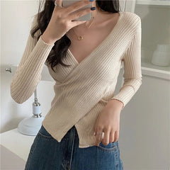Aiertu Autumn Winter Knitwear Tops Fashion Female Long Sleeve Skinny Elastic Casual V-neck Knitted Shirts Women Pullover Sweaters Aiertu