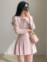 Aiertu Fashion Korea Elegant Tweed Small Fragrance Short Jacket Cropped Coats + High Waist Mini Skirts Suits Slim Women Two Piece Sets Aiertu