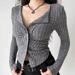Y2k Knitted Cardigan Women Collar Sweater Coat Vintage Long Sleeve Single Breasted Top Autumn Fashion Girls Knitwear Jumper Aiertu