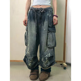 Aiertu American Retro Blue Pocket Denim Pants Women Summer Low-waisted Jeans 2024 New Straight Loose Wide Leg Shorts Y2k Streetwear Aiertu