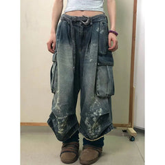 Aiertu American Retro Blue Pocket Denim Pants Women Summer Low-waisted Jeans 2024 New Straight Loose Wide Leg Shorts Y2k Streetwear Aiertu
