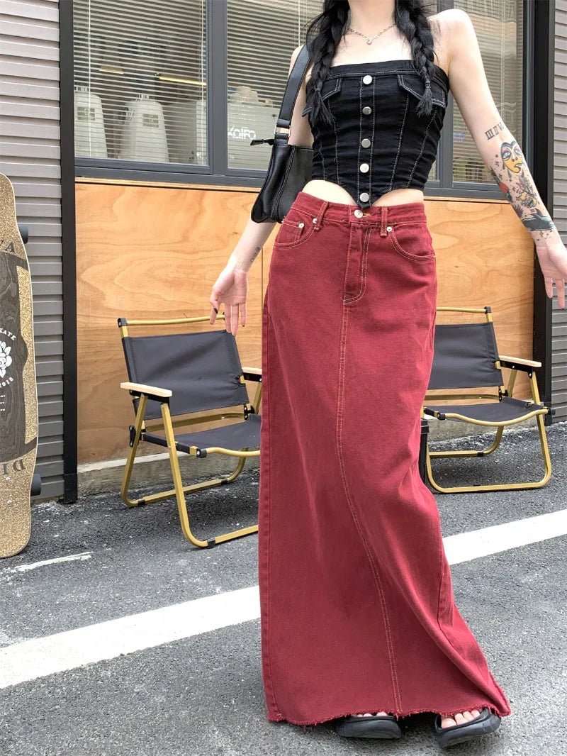 Aiertu Women's Red Split Back Denim Skirt Summer Chic Design Street Style Solid Color Female Straight Floor Length Long Skirts Aiertu