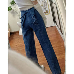 Aiertu Sweet Style Street Blue American Retro Back Bow High Waisted Jeans for Women Spring New Niche Wide Leg Straight Leg Y2k Pants Aiertu