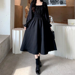 Aiertu Vintage Black Dress Women French Elegant Square Collar Long Sleeve Midi Dress Autumn Ladies Retro Clothes Chic Korean Aiertu