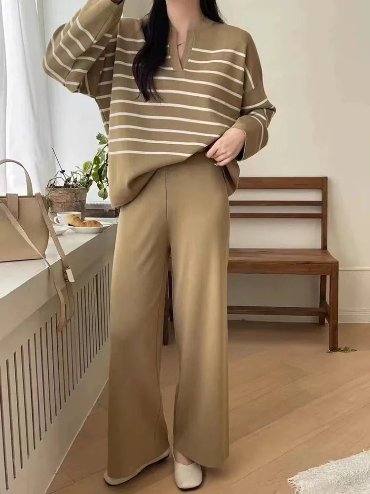 Women Casual Knit Two Piece Set Striped Long Sleeve Loose Pullover Sweater and Pants Fall Sets Office Winter Women Outfit Aiertu