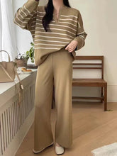 Women Casual Knit Two Piece Set Striped Long Sleeve Loose Pullover Sweater and Pants Fall Sets Office Winter Women Outfit Aiertu