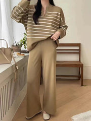 Aiertu FALL OUTFITS Women Casual Knit Two Piece Set Striped Long Sleeve Loose Pullover Sweater and Pants Fall Sets Office Winter Women Outfit Aiertu