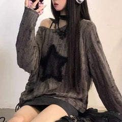 Aiertu Y2K Grunge Hole T-Shirt Star Print Ripped Streetwear Off Shoulder Tops Vintage Harajuku Oversized Kpop Long Sleeveloose Tees Aiertu