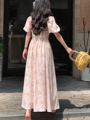 Aiertu Summer Floral Printed Midi Dress Women Off Shoulder Puff Sleeve Fairy A-line Elegant Dresses Casual Korean Fashion Aiertu