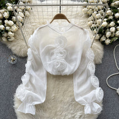 Aiertu High Quality Organza Women Blouse Ruffles Neck Long Sleeves Loose Sweet Top Korean Style 3D Floral Sheer Shirt Aiertu