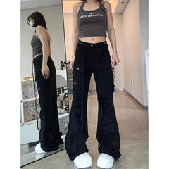 Aiertu Women Black Gothic Flare Jeans Harajuku Vintage Emo 2000s Y2k Baggy Denim Trousers Oversize Wide Cowboy Pants 90s Trashy Clothes Aiertu