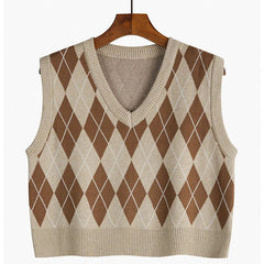 Aiertu Autumn Fashion Female Vintage Plaid Sweater Vests Women's Tank Tops Knitted Crop Top Women Sleeveless Knitted Vest Waistcoat Aiertu