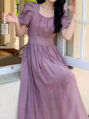 Aiertu Elegant and Chic Women Solid Summer Dress Vintage A-Line Short Sleeve Party Prom Dresses Female Clothes Long Robe New Aiertu