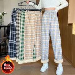 Aiertu Fashion Warm Plush Pants Cashmere Thick Plaid Ladies Winter Casual Loose Wide-legged Pants Korean Streetwear Students Aiertu