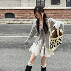 Aiertu Cardigans Women Elegant Preppy Style Crop Knit Autumn Vintage Sweater Korean Fashion Cute Lace Bow Long Sleeve Sweaters Aiertu