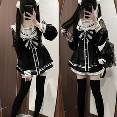 Aiertu DRESS TO IMPRESS Japanese Black Gothic Y2k Lolita Bow Dress Shorts Set Women Vintage Sweet Long Sleeve Shirt Party Dresses Slim Mini Dress 2000s Aiertu