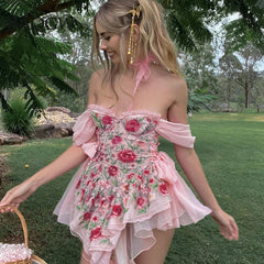 Aiertu Elegant Floral Print Chiffon Dress Pink Side Bandage Aesthetic Irregular Ruffle Mini Dresses Boho Sweet Outfit Party Vacation Aiertu