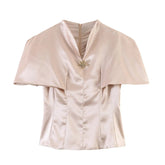 AIERTU - Summer New Women's Clothing Silk Satin Texture Slim Stand-up Collar Cape Waist Short-sleeved Shirt Top Aiertu