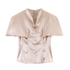 AIERTU - Summer New Women's Clothing Silk Satin Texture Slim Stand-up Collar Cape Waist Short-sleeved Shirt Top Aiertu