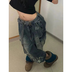 Aiertu American Retro Blue Pocket Denim Pants Women Summer Low-waisted Jeans 2024 New Straight Loose Wide Leg Shorts Y2k Streetwear Aiertu