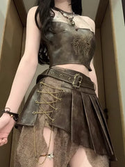 Aiertu Retro Fashion Spicy Girl Style Leather Halter TopTank Top Irregular Slimming Short Skirt Set Summer Two Piece Set Women Outfits Aiertu