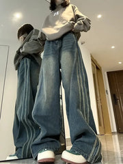 Aiertu Y2K Vintage High Waist Streetwear Style Blue Jeans Pants Korean Fashion Women's Wide Leg Striped Denim Trouser Female Clothes Aiertu