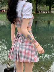 Aiertu Summer Sexy Two Piece Skirt Set Women Patchwork Plaid Korean Fashion Skirt Suit Female Casual Japanese Party Mini Skirt Set 2024 Aiertu