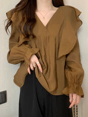 Stylish Flare Sleeve Spliced Ruffles Blouse Female Clothing Autumn New Oversized Casual Pullovers All - match Sweet Shirt Aiertu