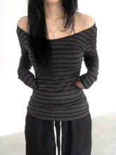 Aiertu Japanese Basic Slim Long Sleeve Stripe Tee Off Shoulder O Neck Korean Street Style Spring Autumn Y2K Gray T Shirt Women Aiertu