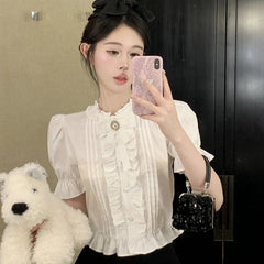 White Elegant Shirt Women Summer Sweet Cute Puff Sleeve Crop Top Korean Ruffles Chic Slim Vintage Office Ladies Blouse New Aiertu