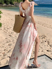 Aiertu New Summer Women Elegant Floral Casual Dress Sleeveless A-Line Beach Holiday Clothes with Belted Female Vestidos Long Robe Aiertu
