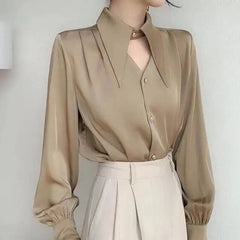 Aiertu Casual Shirts Women Fashion Romantic Solid Soft V-Neck Streetwear Spring All-match Hollow Out Retro European Style Simple Design aiertu