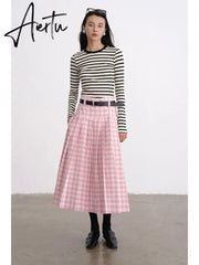 A-line Elegant Pink Plaid Pleated Midi Women Skirt Vintage Korean Fashion Preppy Style Aiertu
