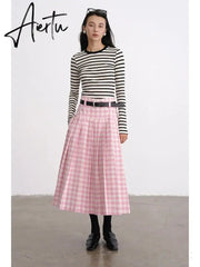 A-line Elegant Pink Plaid Pleated Midi Women Skirt Vintage Korean Fashion Preppy Style Aiertu