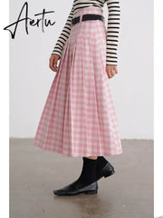 A-line Elegant Pink Plaid Pleated Midi Women Skirt Vintage Korean Fashion Preppy Style Aiertu