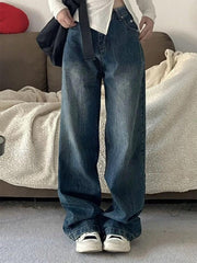 Aiertu Vintage Blue Washed High Waist Boyfriend Jeans Aiertu