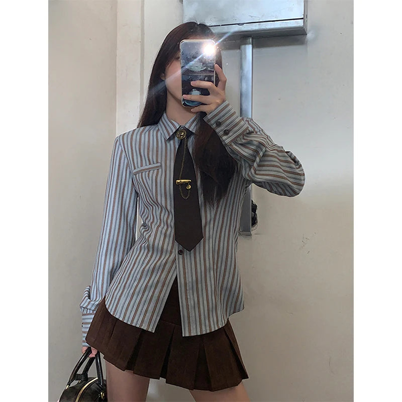 Aiertu Y2K Harajuku Striped Shirts Women Vintage Streetwear Tie Long Sleeve Blouses Korean Preppy Slim All Match Tops Spring New Aiertu