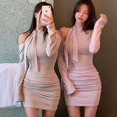 Aiertu - Pure Sexy Off Shoulder Hip Wrap Dress Women's Summer Lace-up Slim Fit Long-sleeved Short Dress Fashion Female Clothes Aiertu