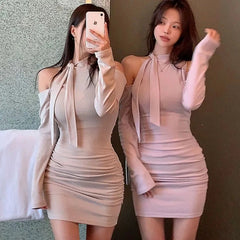 Aiertu - Pure Sexy Off Shoulder Hip Wrap Dress Women's Summer Lace-up Slim Fit Long-sleeved Short Dress Fashion Female Clothes Aiertu