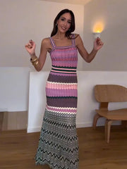 Aiertu - Striped Knitted Halter Dress Slimming Waist Cinching Color Patchwork Sexy Suspender Robes Beach Women Fashion Strap Long Dresses Aiertu