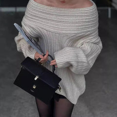 Aiertu - party look snspos Irregular Slash Neck Design Loose Casual Knitted Sweater Long Sleeve Sweater Solid Color Ladies Autumn Winter Pullover Tops Aiertu
