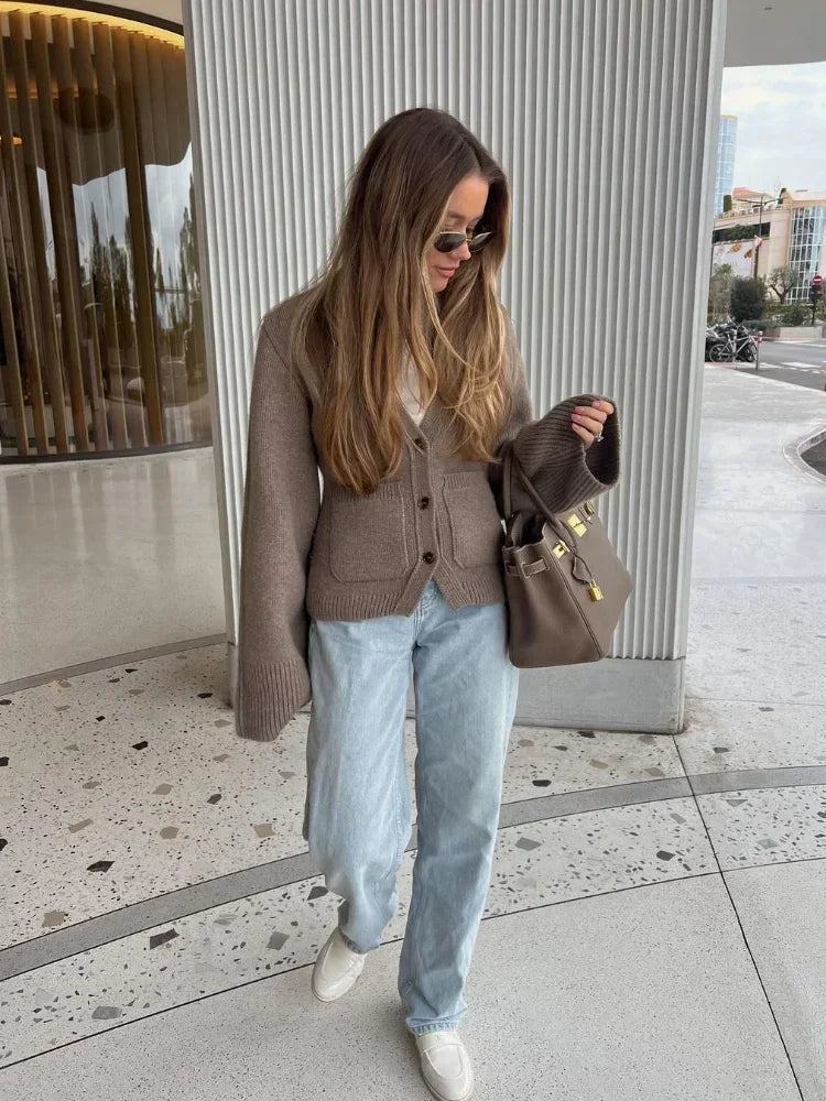 Aiertu - Fall Outfits 2026 Elegant Marron V-neck Knitted Cardigans With Pocket Casual Single Breasted Long Sleeve Knitwear Women New Autumn Commute Sweater Aiertu