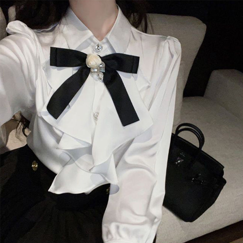 Aiertu White Bow Shirts Women Japanese Preppy Ruffles Long Sleeve Blouses Ladies Korean Fashion Elegant All Match Design Tops New Aiertu