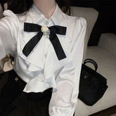 Aiertu White Bow Shirts Women Japanese Preppy Ruffles Long Sleeve Blouses Ladies Korean Fashion Elegant All Match Design Tops New Aiertu