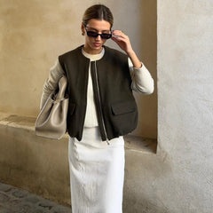 Aiertu - Winter New Vintage Solid Vest Jacket Women Round Neck Zipper Cardigan Waistcoat Streetwear Fashion Sleeveless Outerwear Aiertu