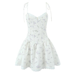 Aiertu - Sweet Girl Lace Spliced Floral Print Sexy Spaghetti Straps Dress Women V Neck Low Waist A-line Mini Summer Dresses Party Vestido Aiertu
